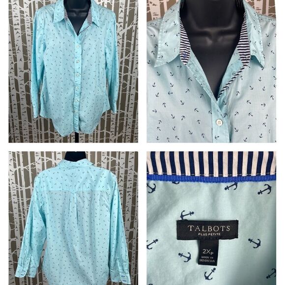 Nautical Anchor Novelty Print Long Sleeve Button Up Blouse Aqua Navy size 2XP - Picture 1 of 7